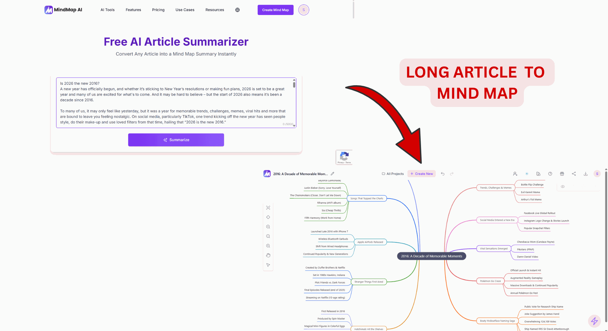MindMap AI Free AI Article Summarizer turning article text into a mind map