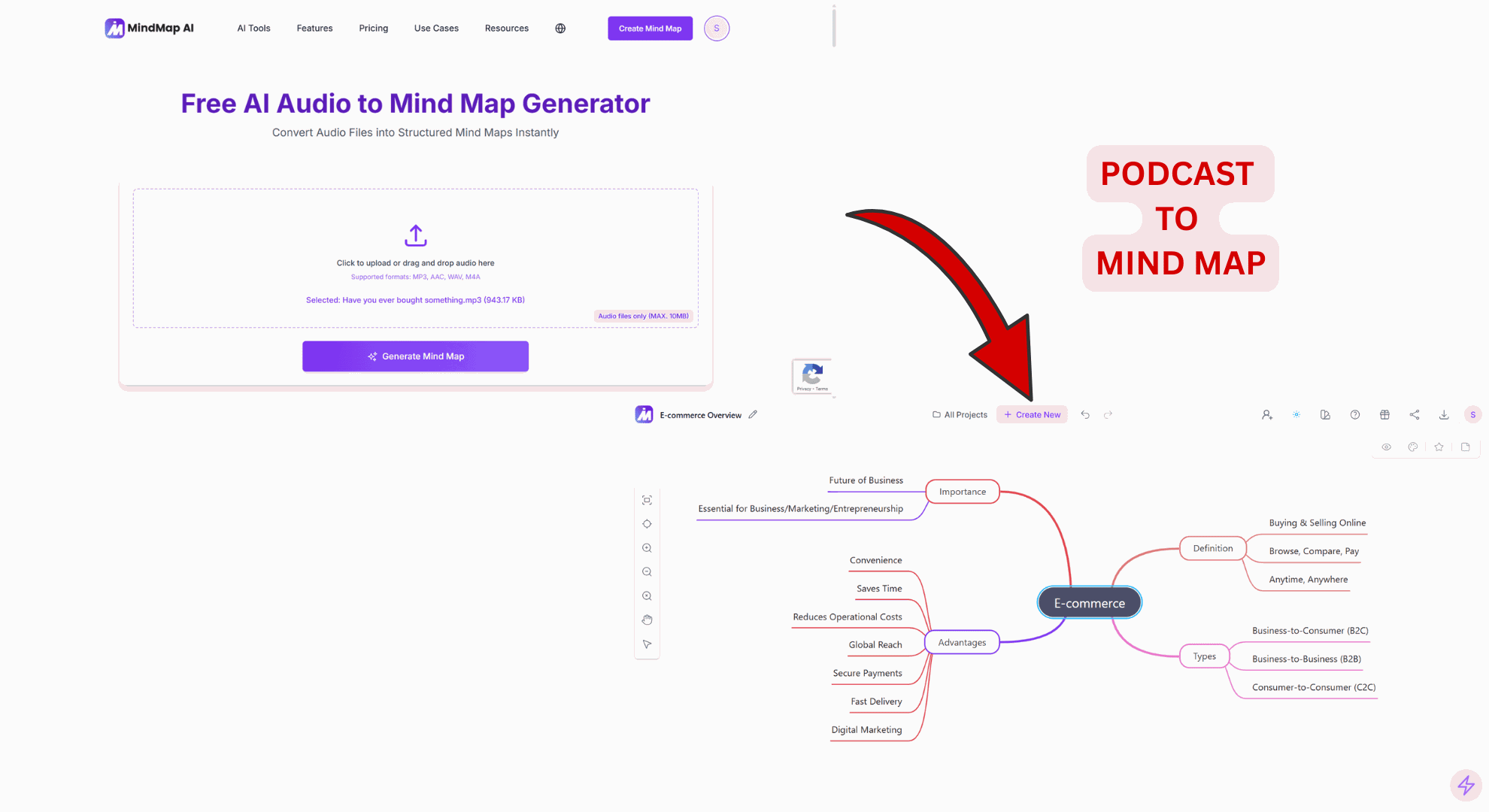 MindMap AI Audio to Mind Map Generator summarizing a podcast into a mind map