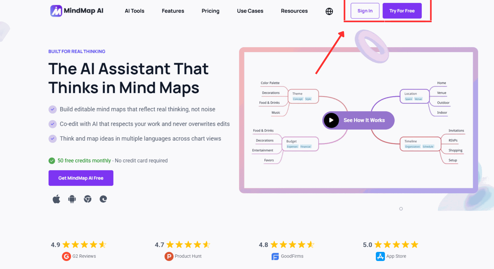 MindMap AI homepage sign in and try for free buttons