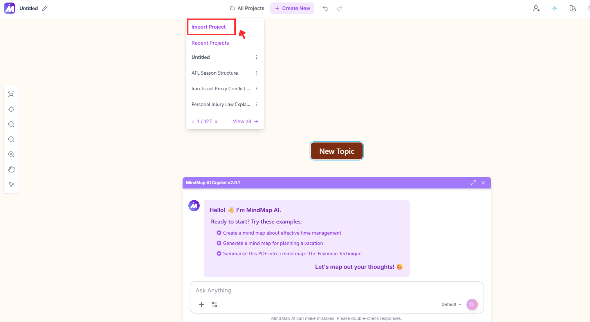 Import project option in MindMap AI Canvas page