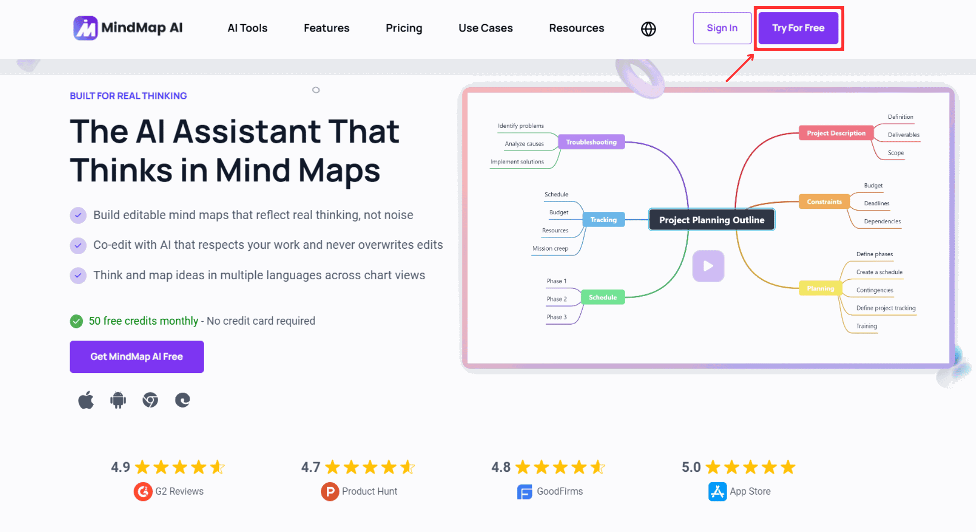 MindMap AI home page screen showing