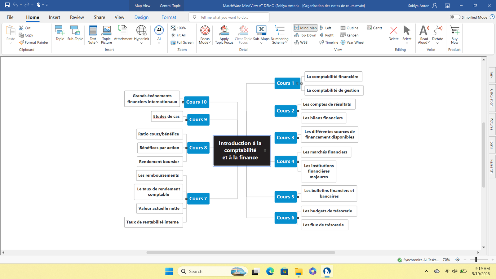 MindView desktop app with its Office-style ribbon and view switcher open above a map
