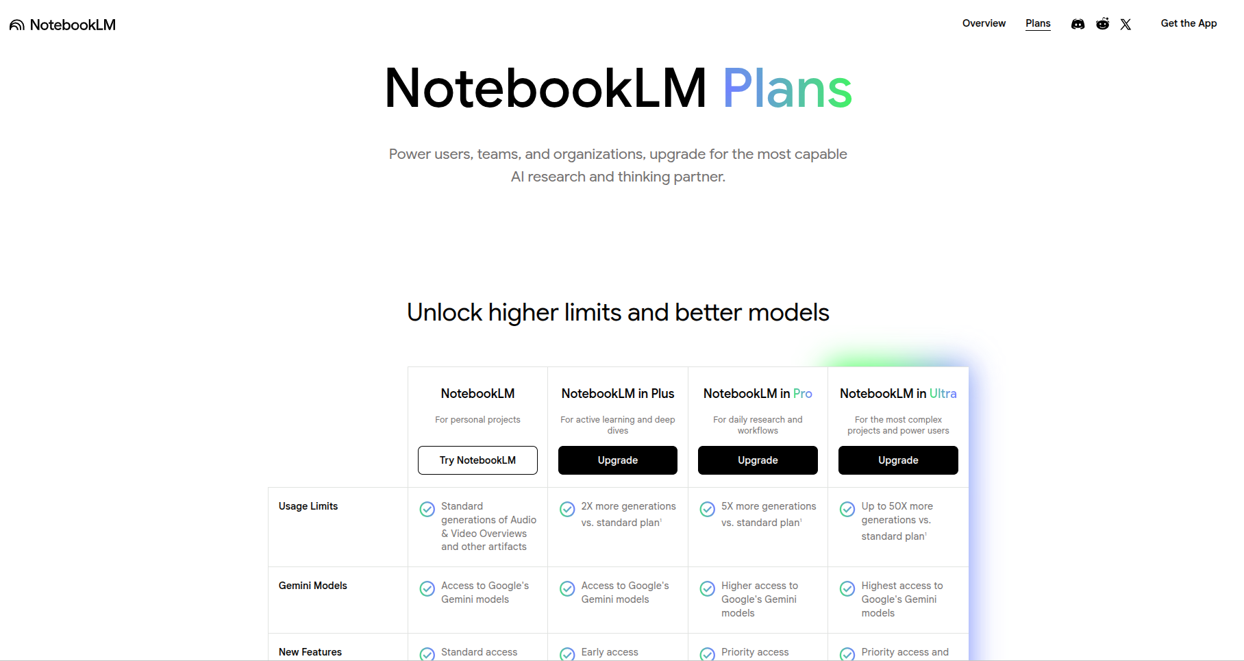 Google AI plans page showing NotebookLM's free tier and the Google AI Plus bundle