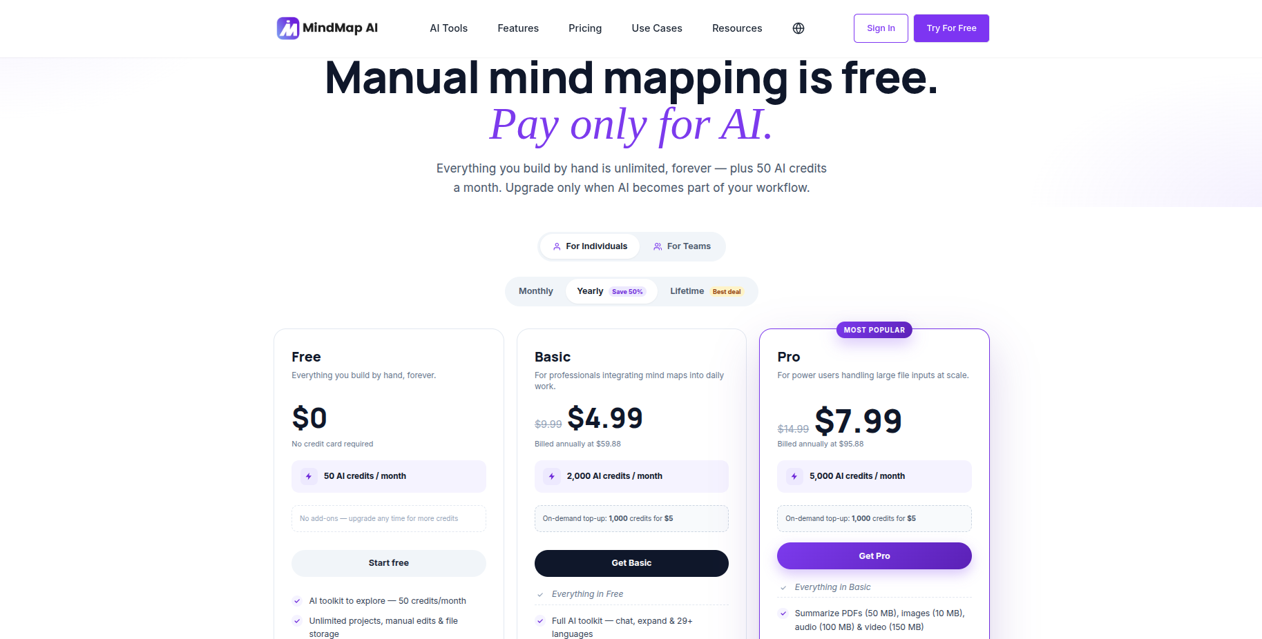 MindMap AI pricing page showing the free plan, monthly plans, and lifetime licenses