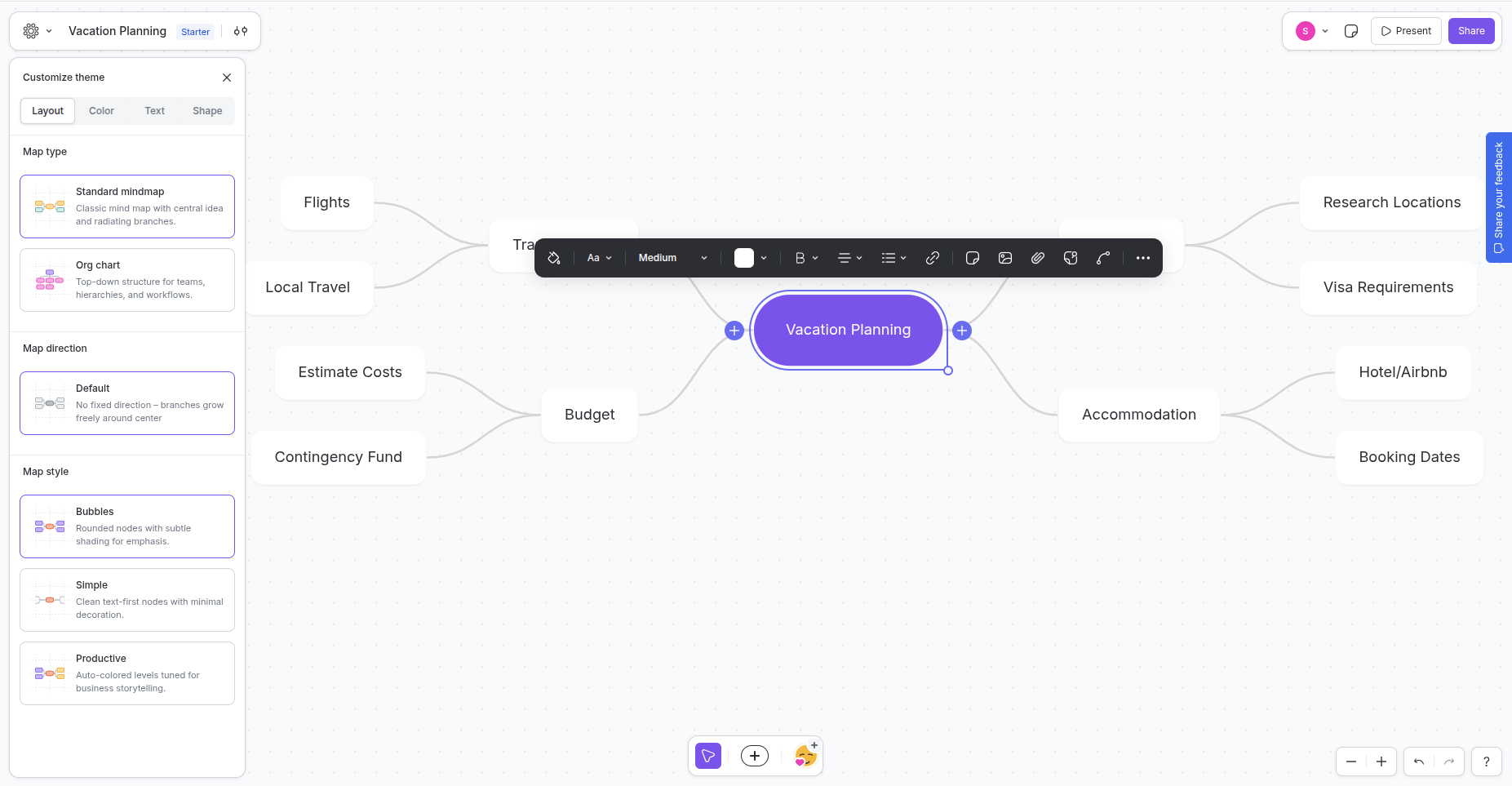 MindMup browser editor with a mind map saved to Google Drive