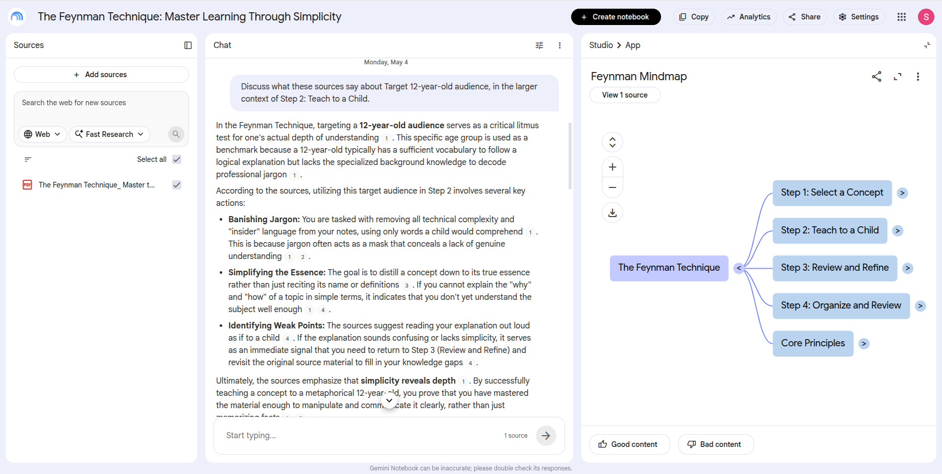 NotebookLM with a generated mind map beside the grounded chat panel