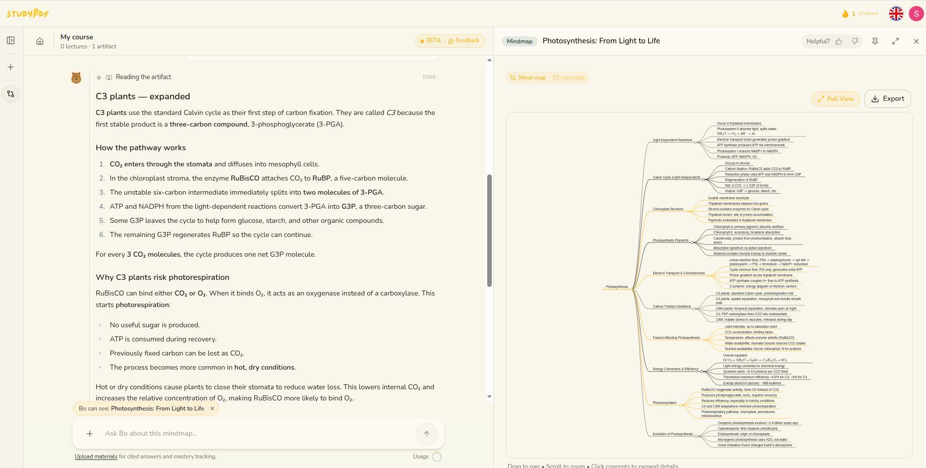StudyPDF answering a question with a citation to the lecture page it came from