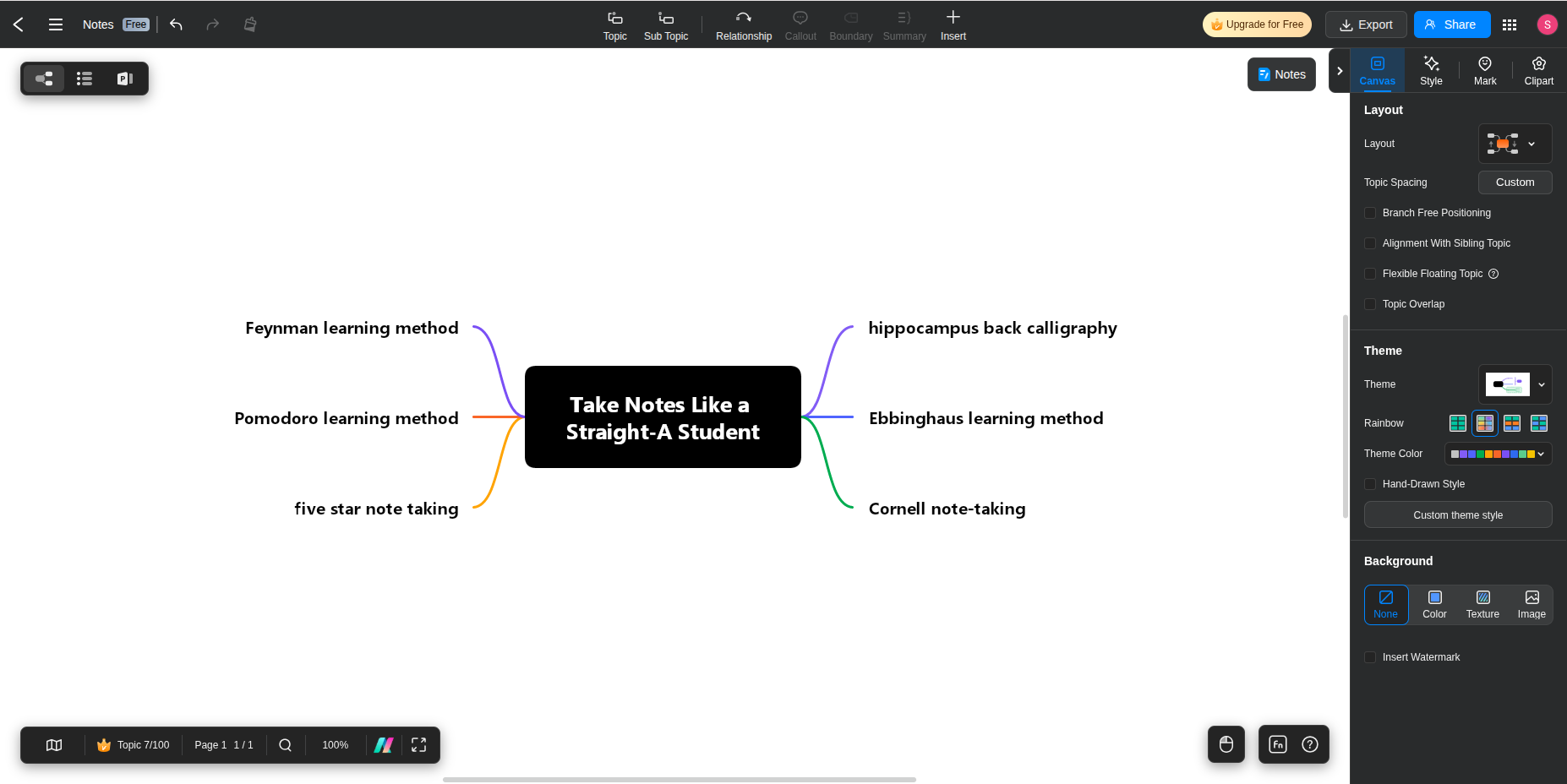 EdrawMind with dark mode on and a light theme, showing dark menus around a white map