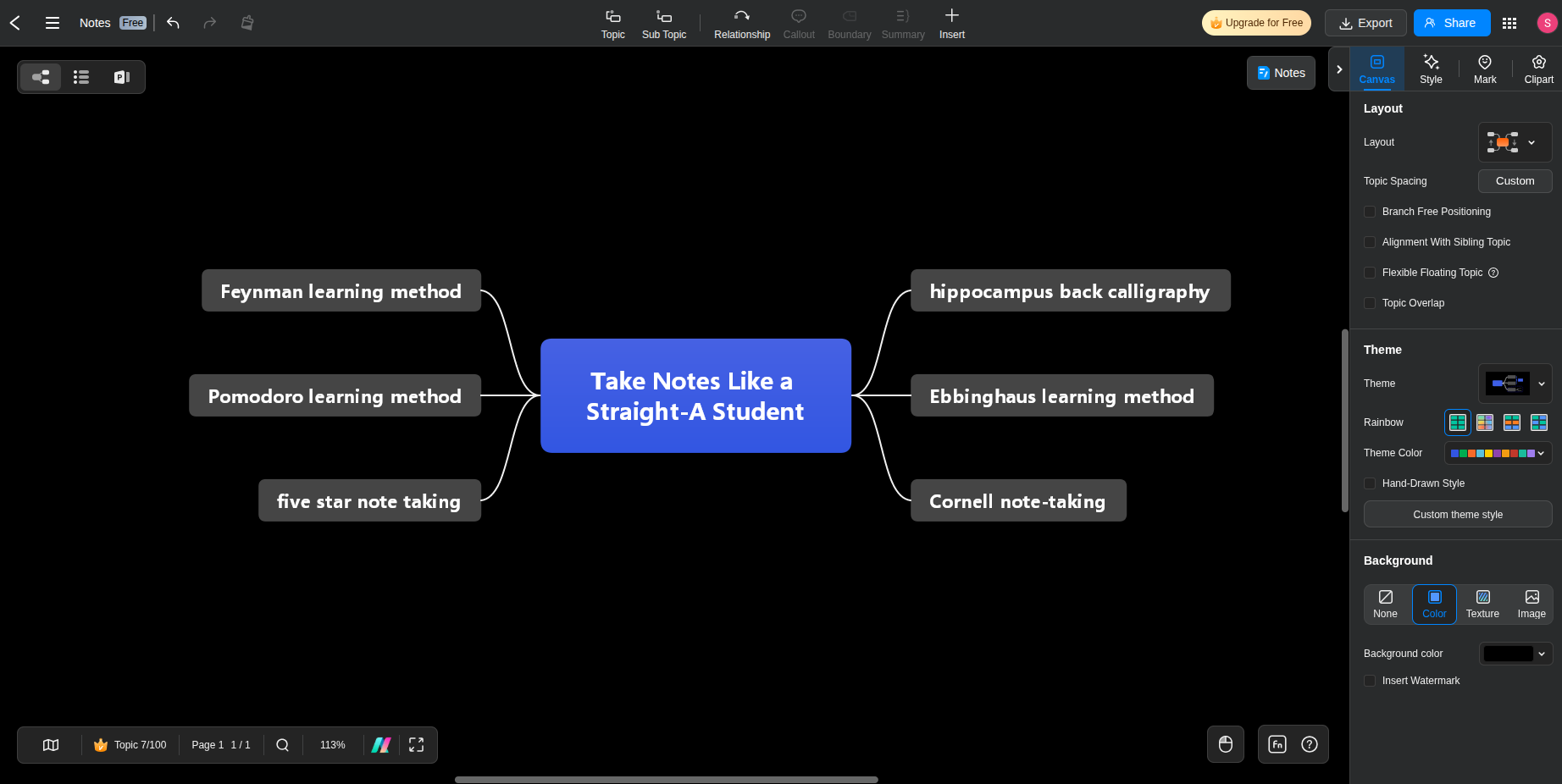 EdrawMind with dark mode on and a dark theme applied, so the menus and the map are both dark