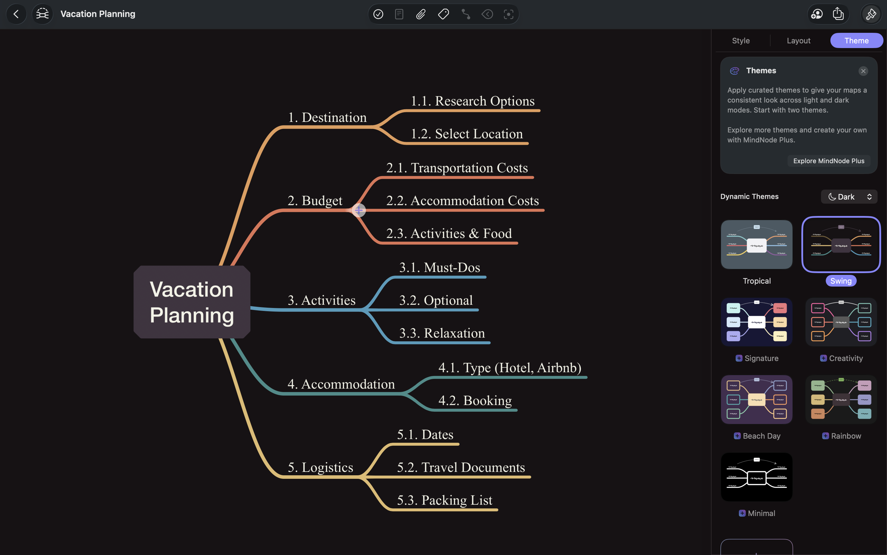 MindNode with a dark theme applied to the toolbars and the canvas