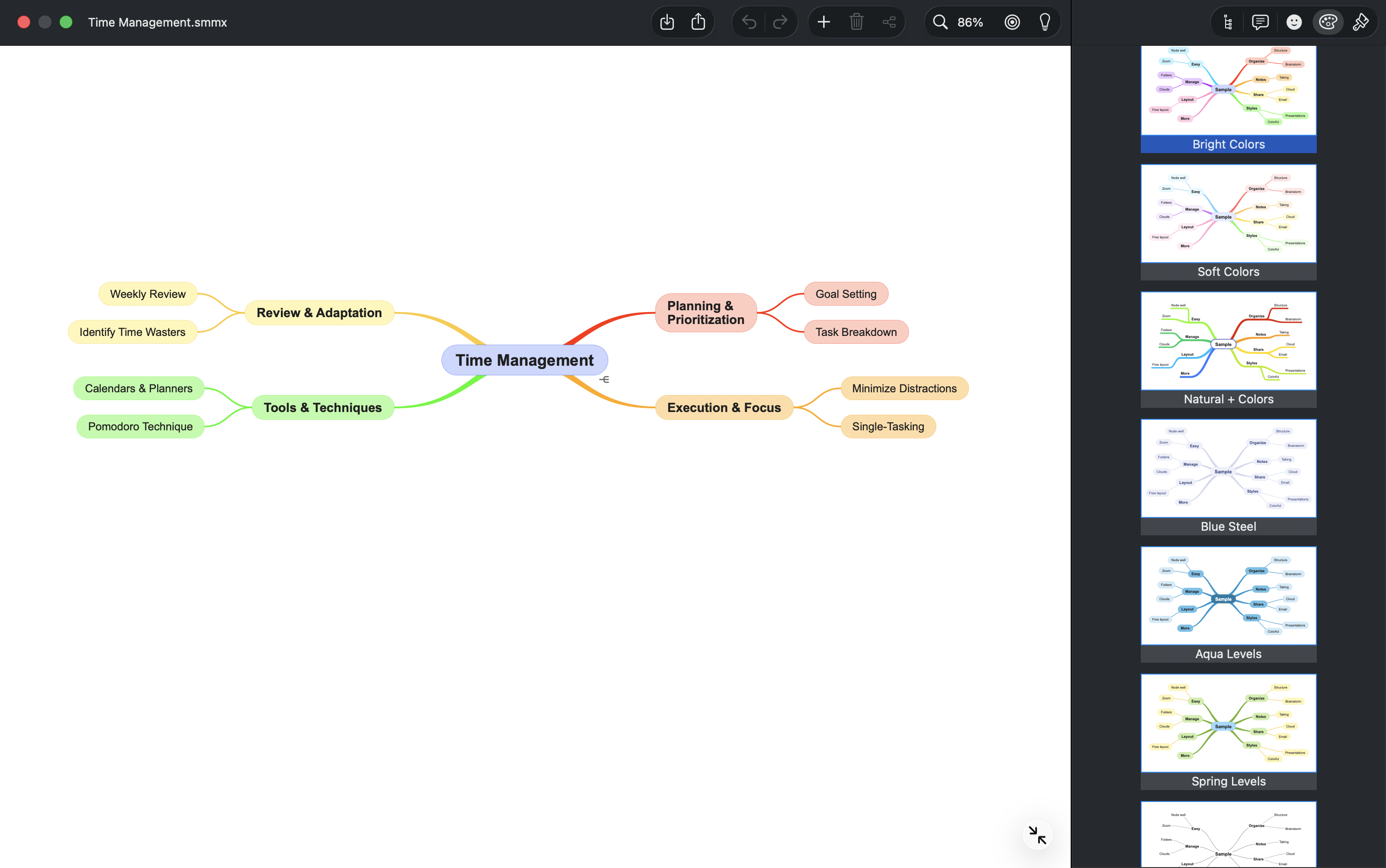SimpleMind with dark mode on and a light stylesheet, showing dark menus around a white map