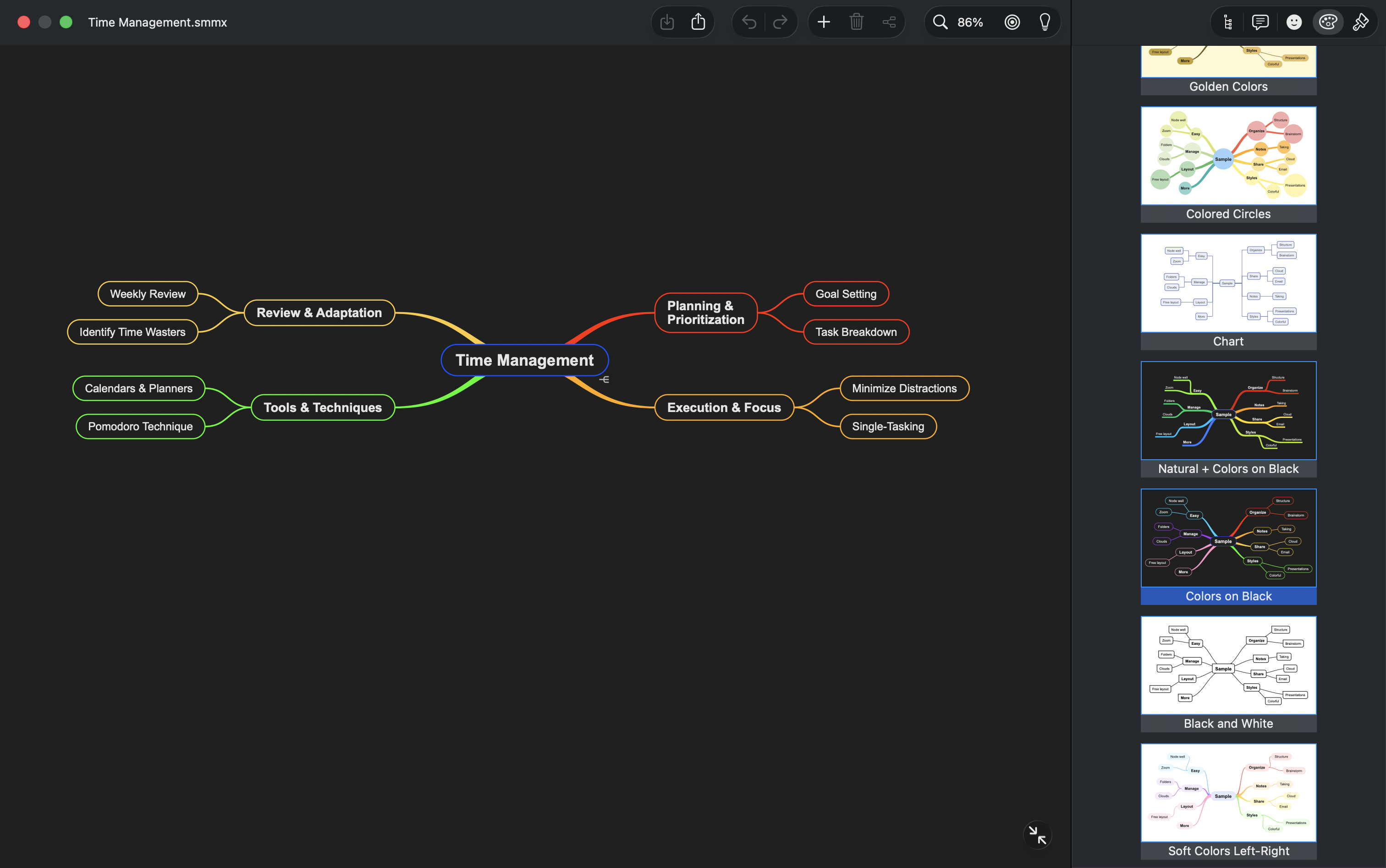 SimpleMind with dark mode on and a dark stylesheet applied, so the menus and the map are both dark
