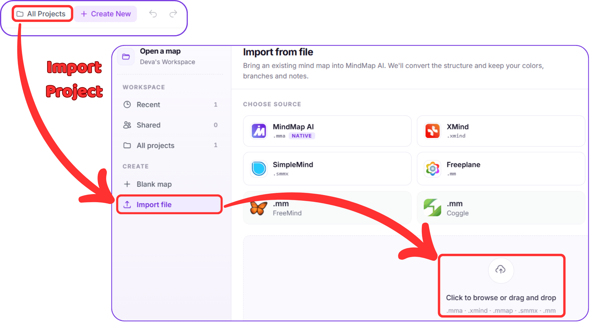 MindMap AI All Projects page with the Import Project button