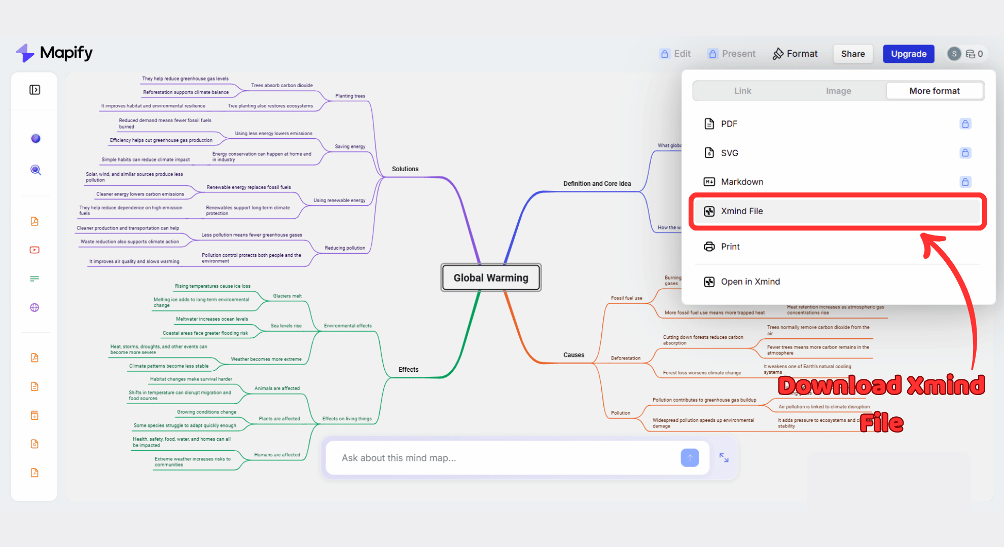 Mapify export panel showing the Xmind download option alongside Image, SVG, PDF, and Markdown