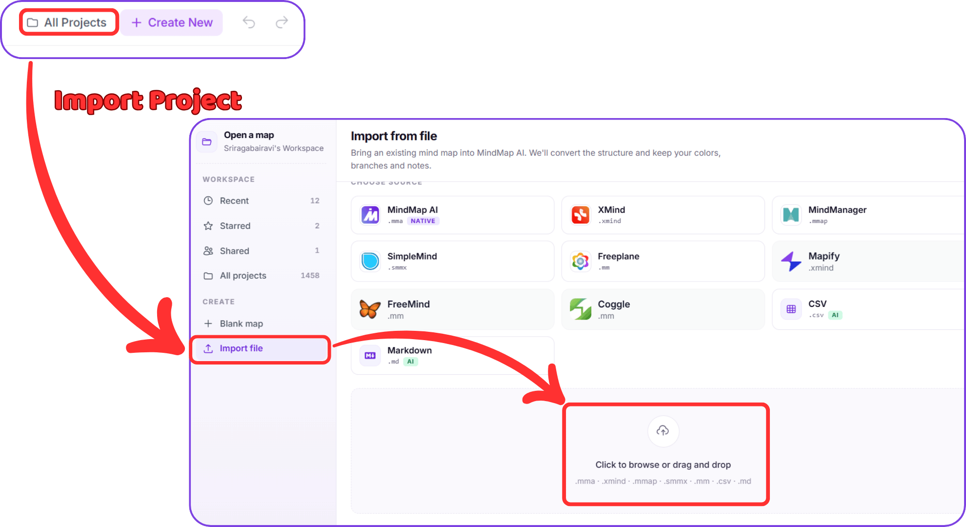 MindMap AI All Projects page with the Import Project button