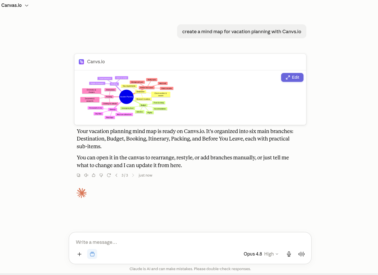 Canvs.io connector card in Claude with a map preview and an Edit button