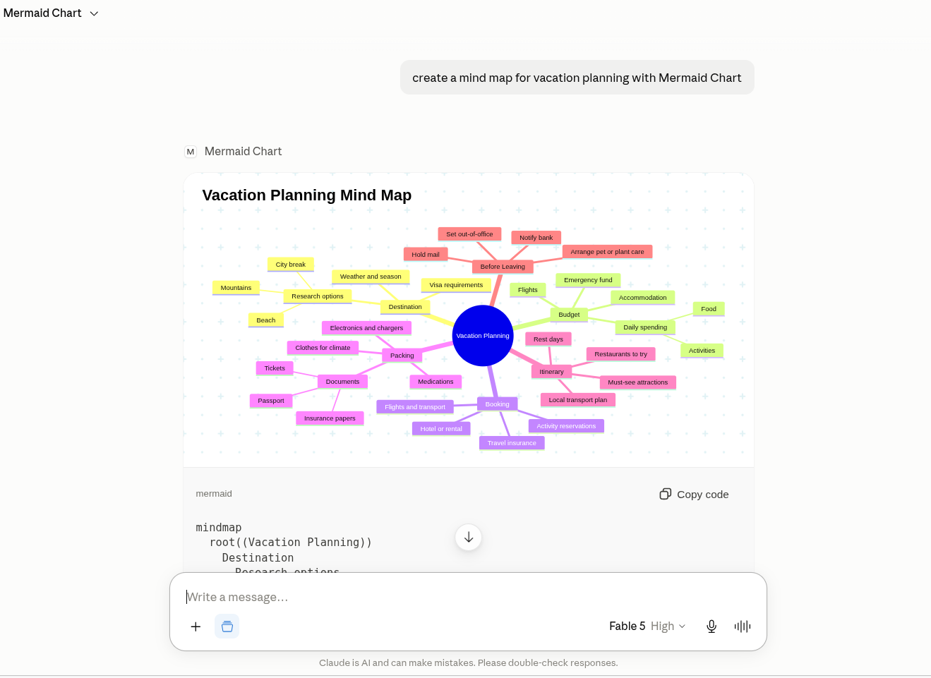 Mermaid Chart card in Claude showing the map above its mindmap source