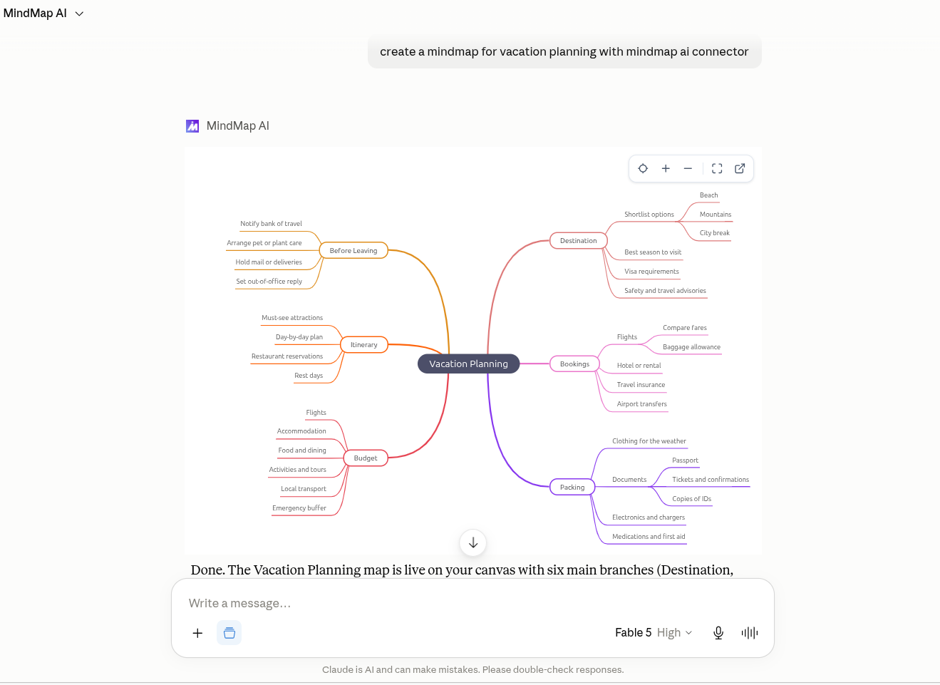 MindMap AI connector building a vacation planning map inside Claude