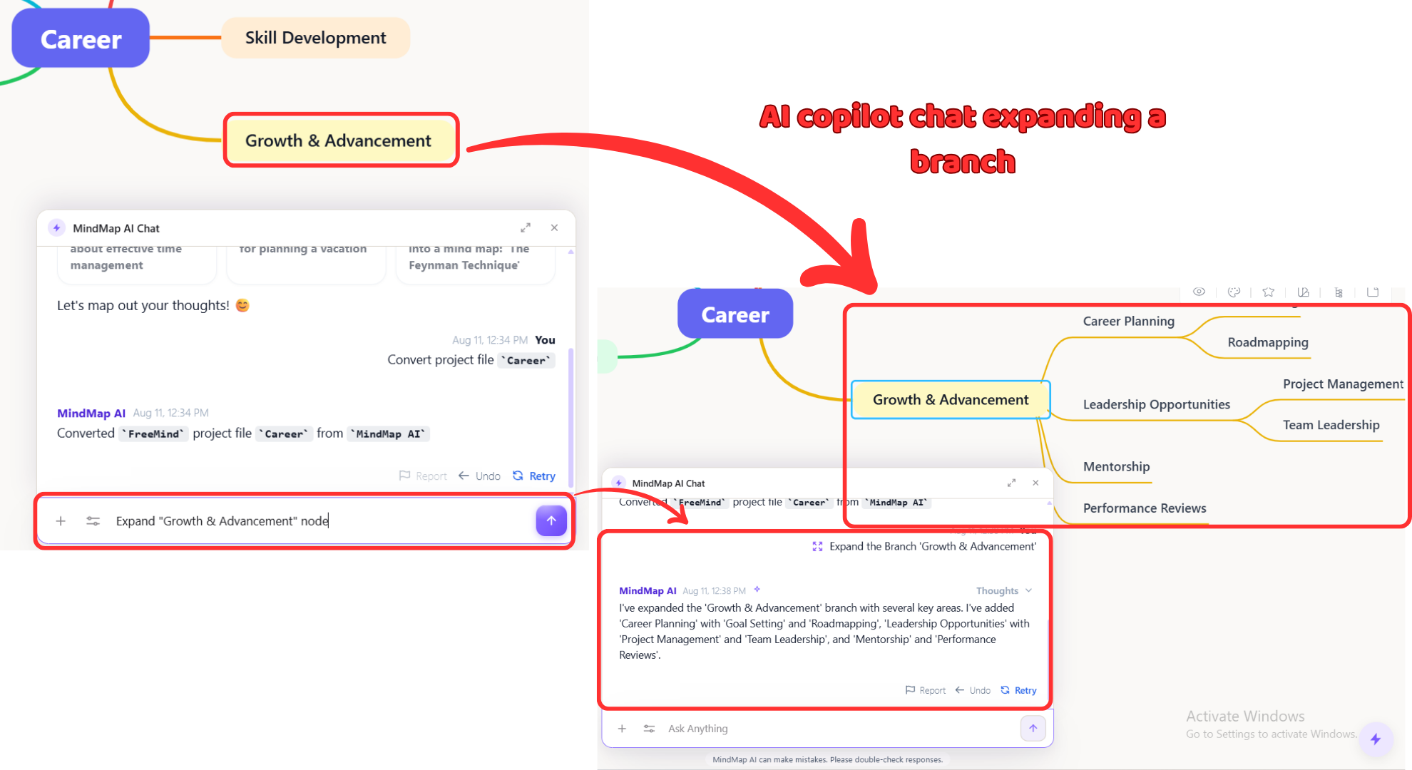 The MindMap AI copilot expanding a branch of an imported FreeMind map