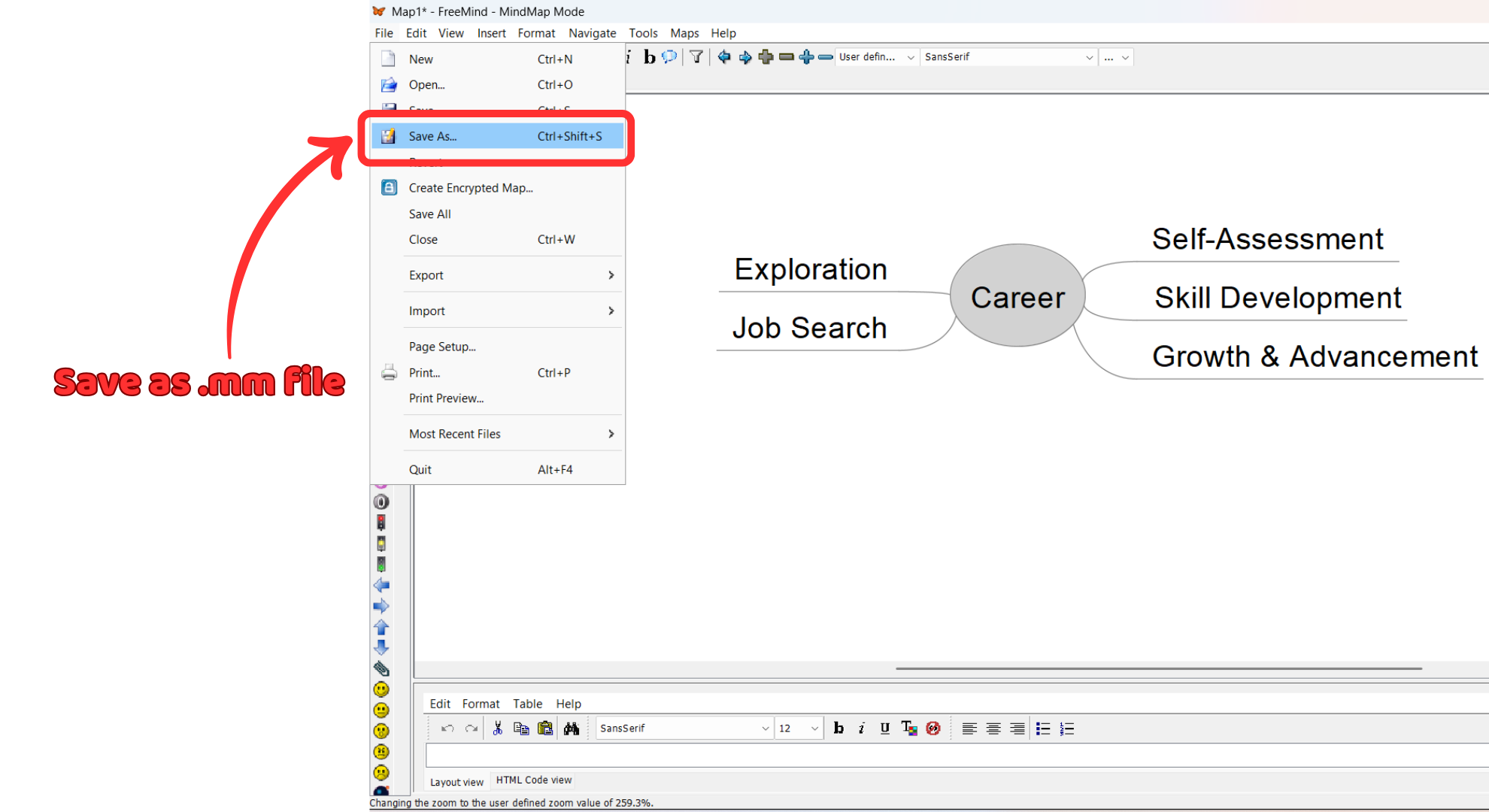 FreeMind desktop application with the File menu open on Save As, showing the .mm save format