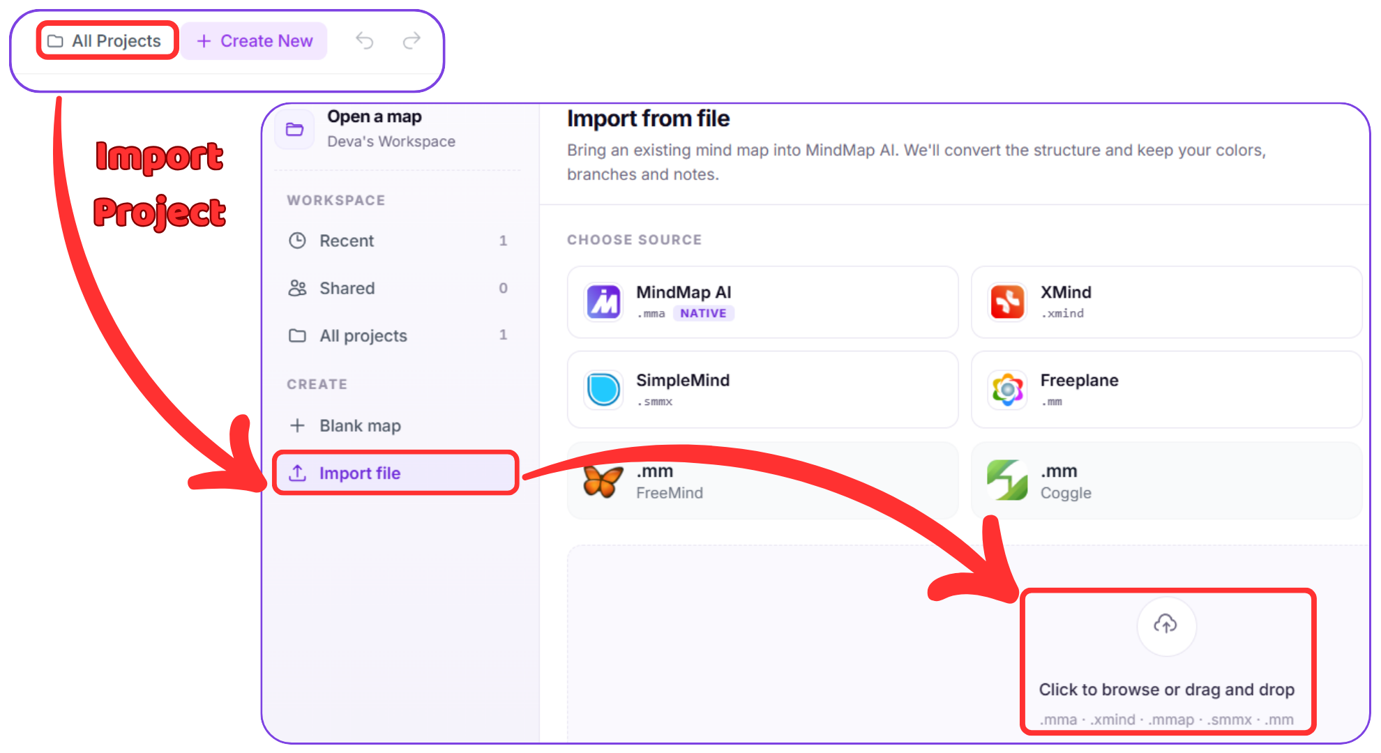 MindMap AI All Projects page with the Import Project button