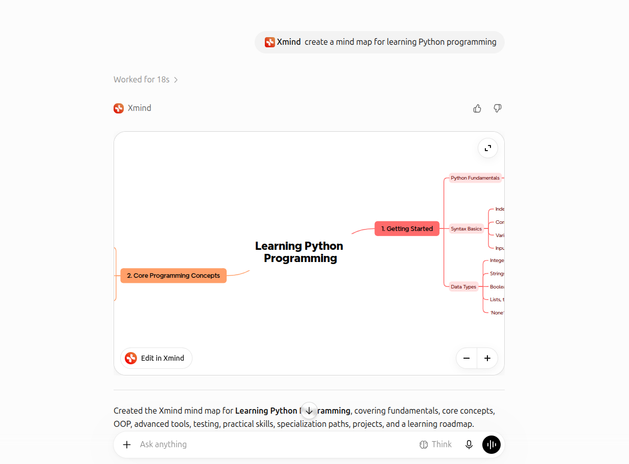 Xmind map in ChatGPT with the right-hand branches cut off by the preview