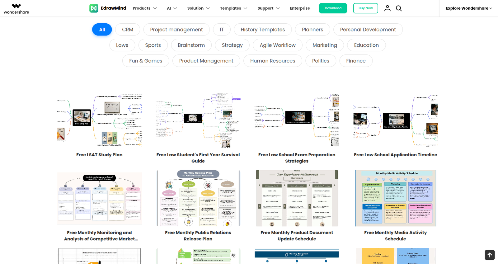 EdrawMind template gallery showing ready-made mind map structures