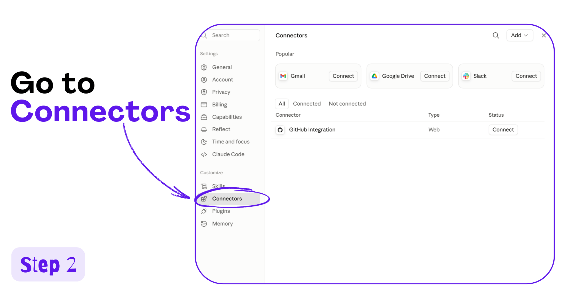 Claude settings panel with Connectors selected