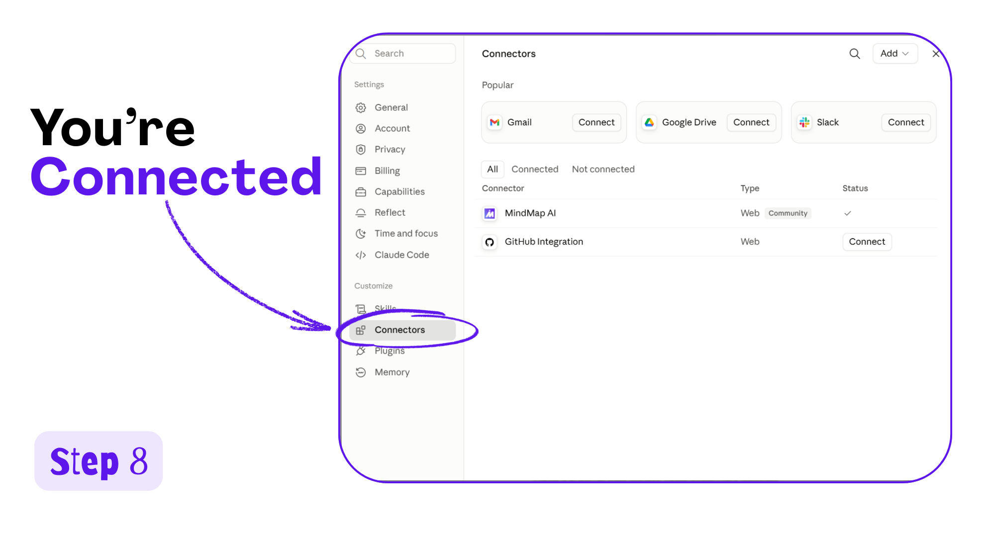 Connectors list showing MindMap AI connected with a check mark