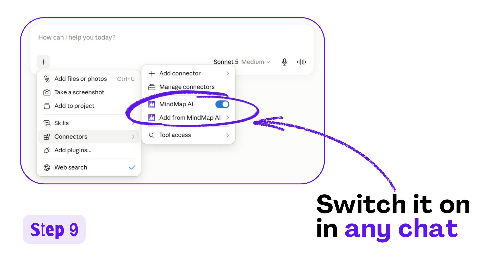 Chat plus menu with the MindMap AI connector toggled on
