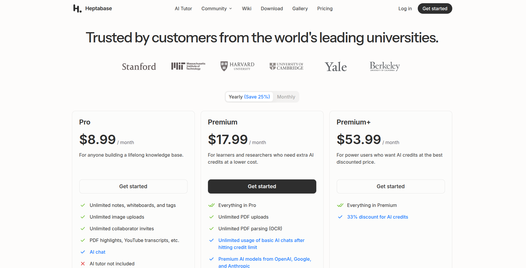 Heptabase pricing page showing Pro, Premium and Premium Plus tiers