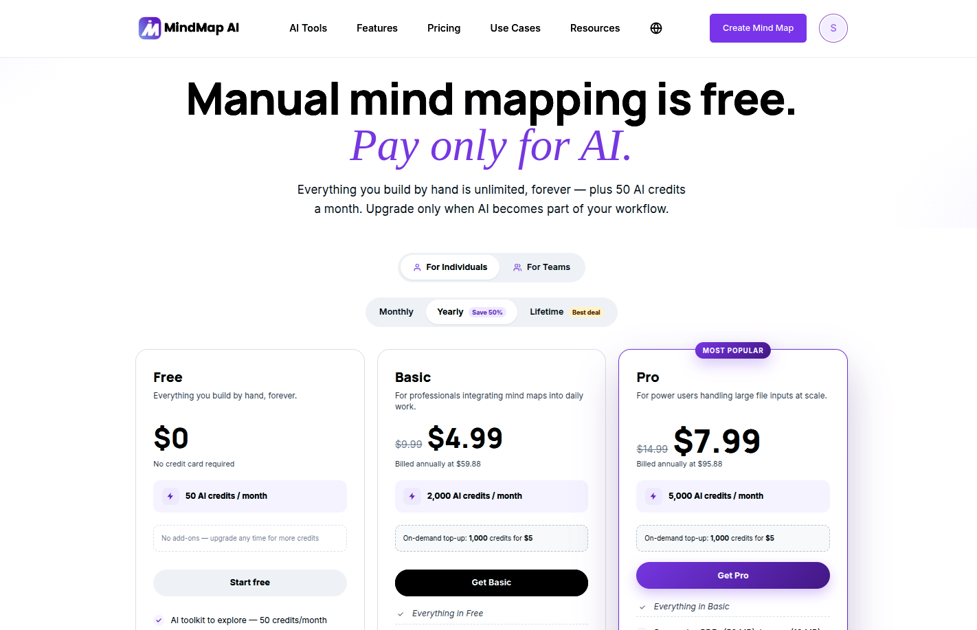 MindMap AI pricing page showing the free plan, monthly plans and lifetime licences