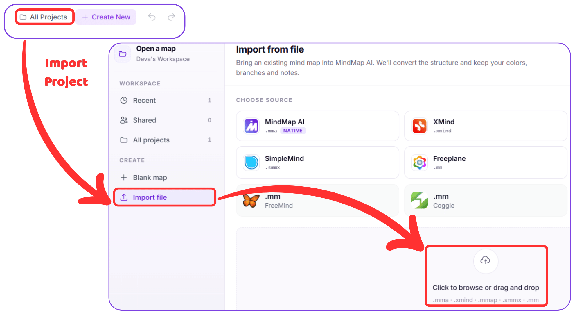 MindMap AI All Projects page with the Import Project button