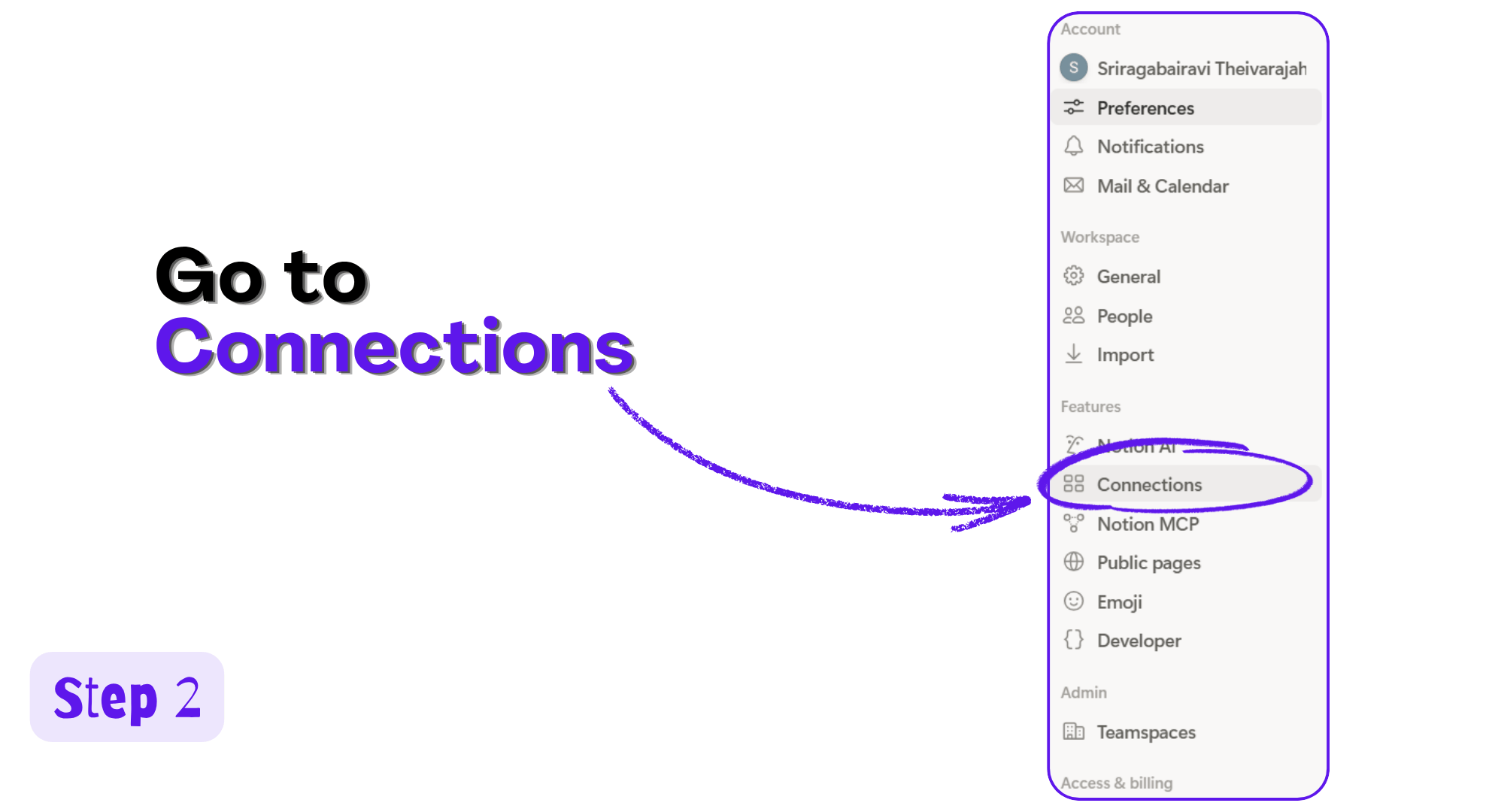 Notion settings sidebar with Connections highlighted under Features