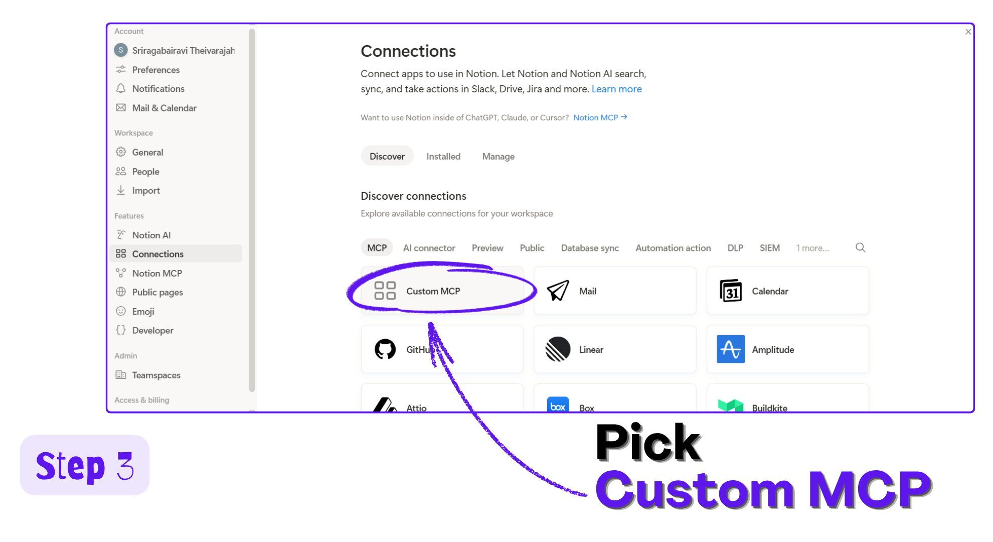Notion Connections page with the Custom MCP tile highlighted
