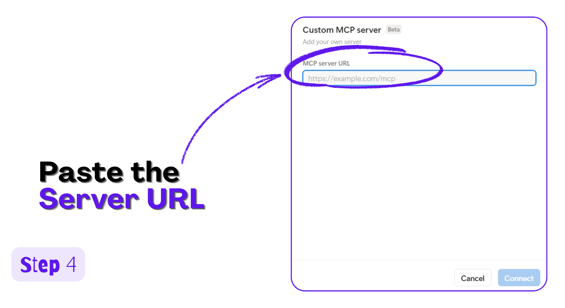 Custom MCP server dialog in Notion with the MCP server URL field highlighted