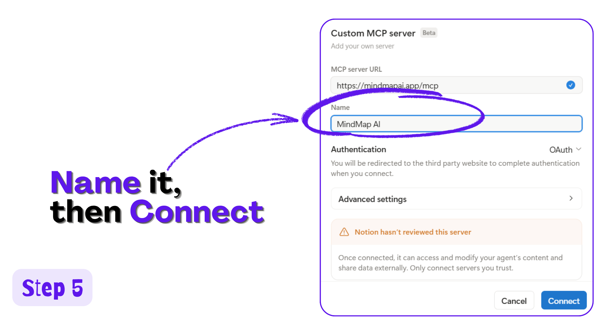 Custom MCP server dialog in Notion filled with the MindMap AI URL and name, ready to connect