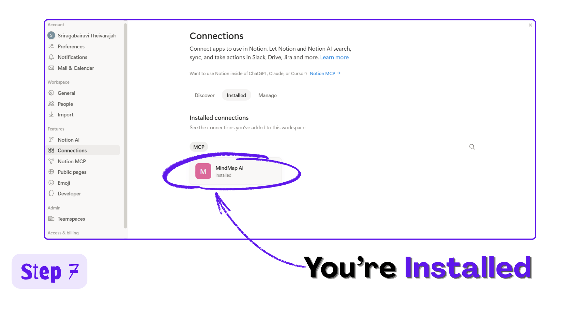 Notion Installed connections tab showing MindMap AI