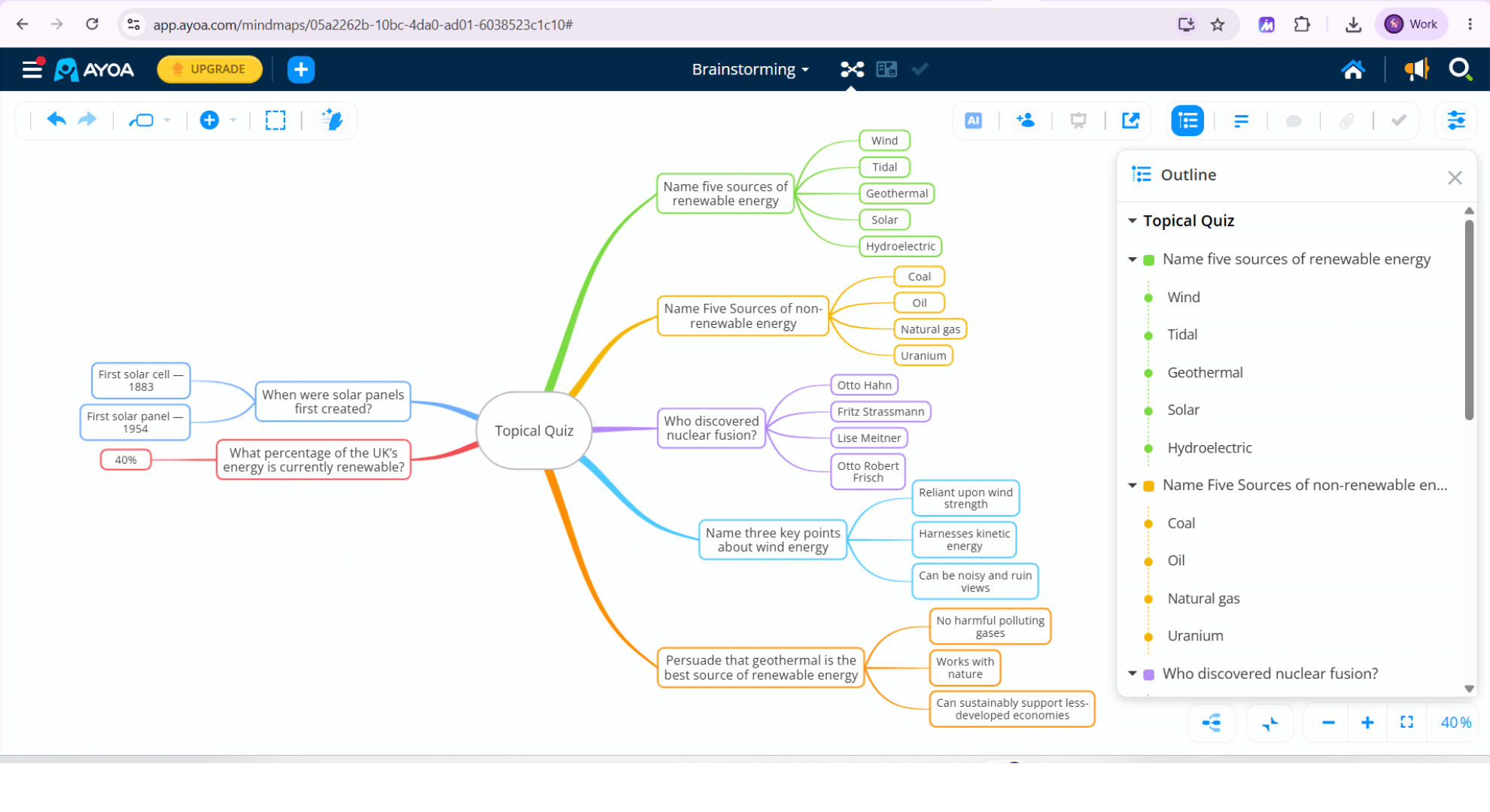 Ayoa Document View listing mind map branches as a linear document