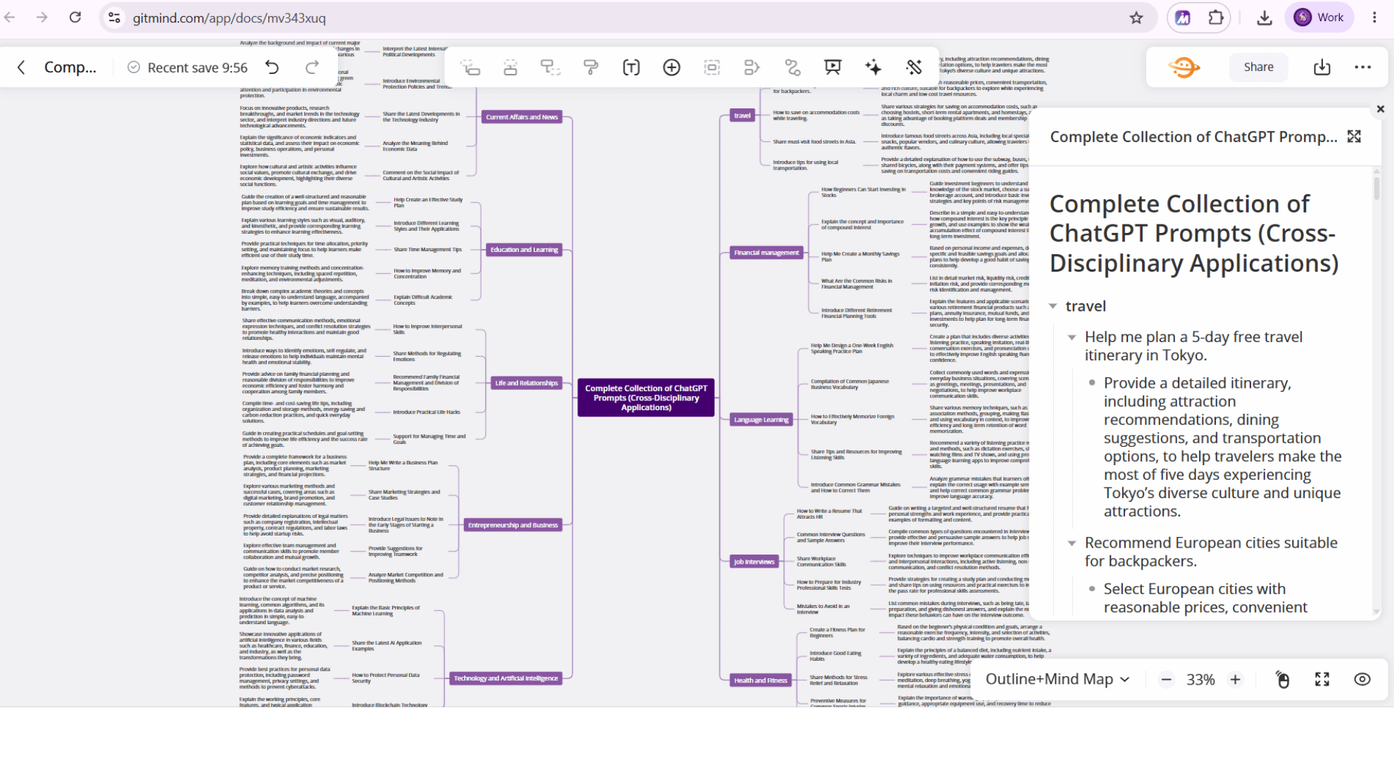 GitMind mind map switched to its outline layout