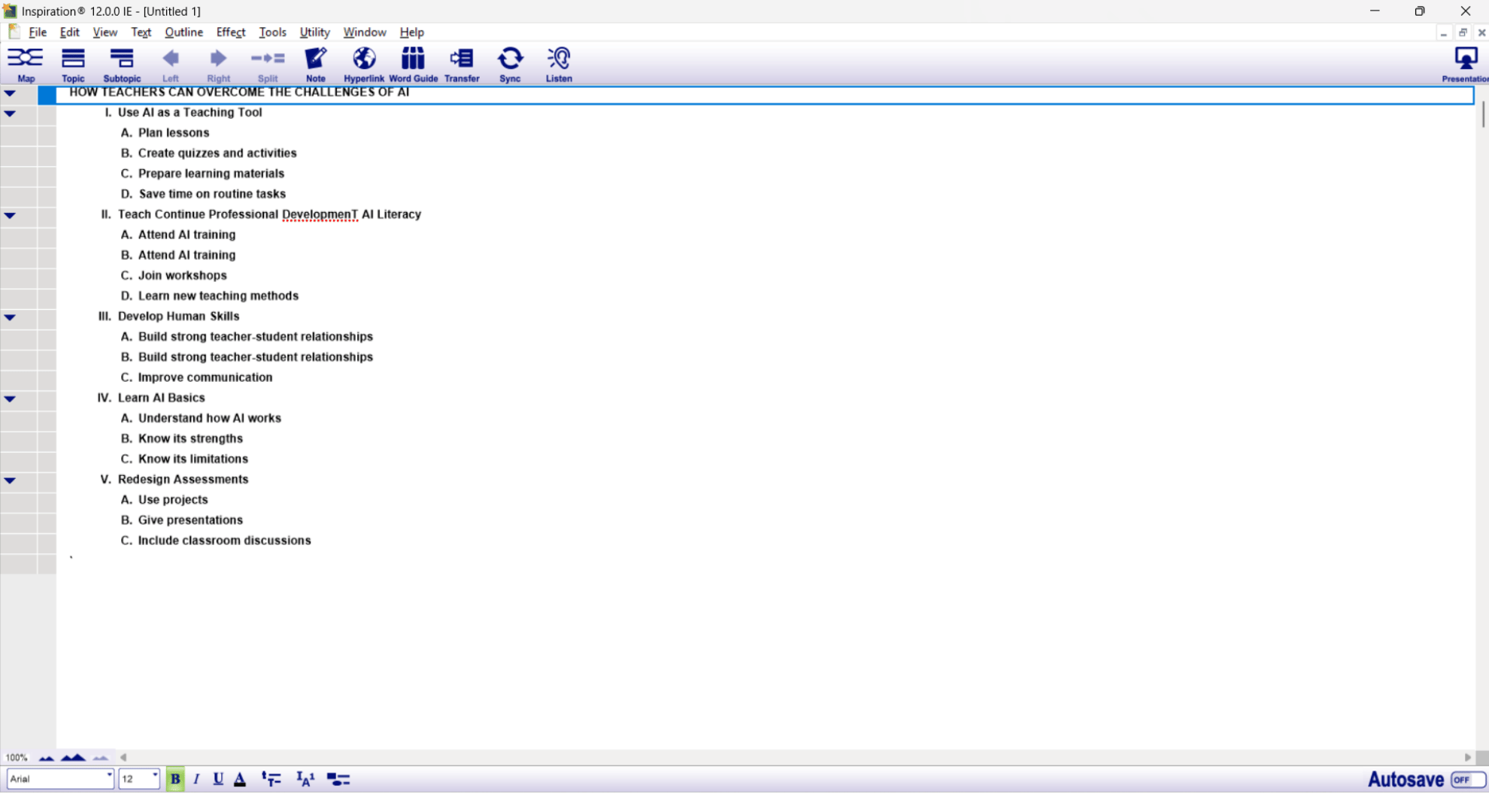 Inspiration 12 Outline View with full paragraphs typed under each heading