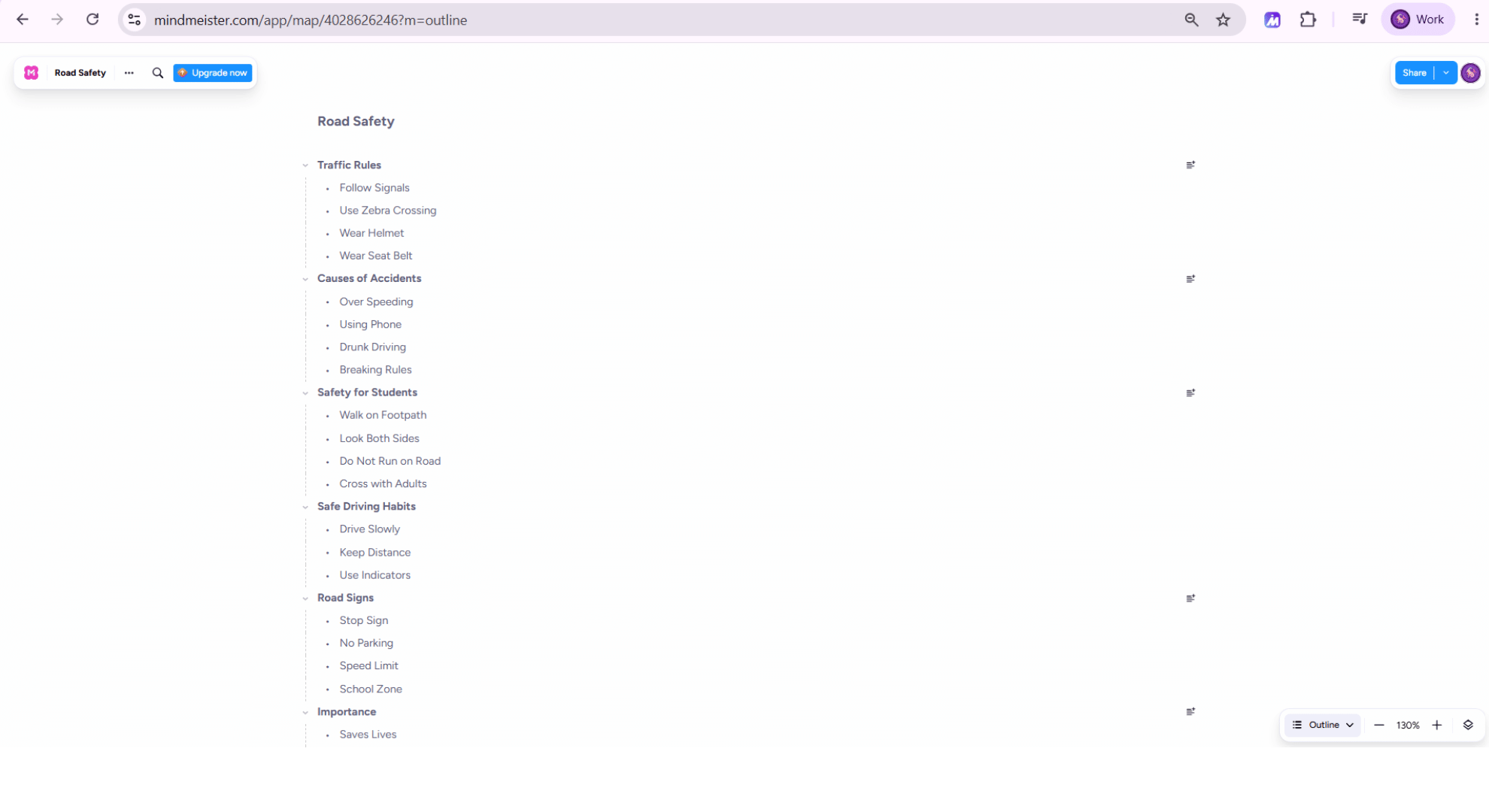 MindMeister editor toggled into Outline Mode