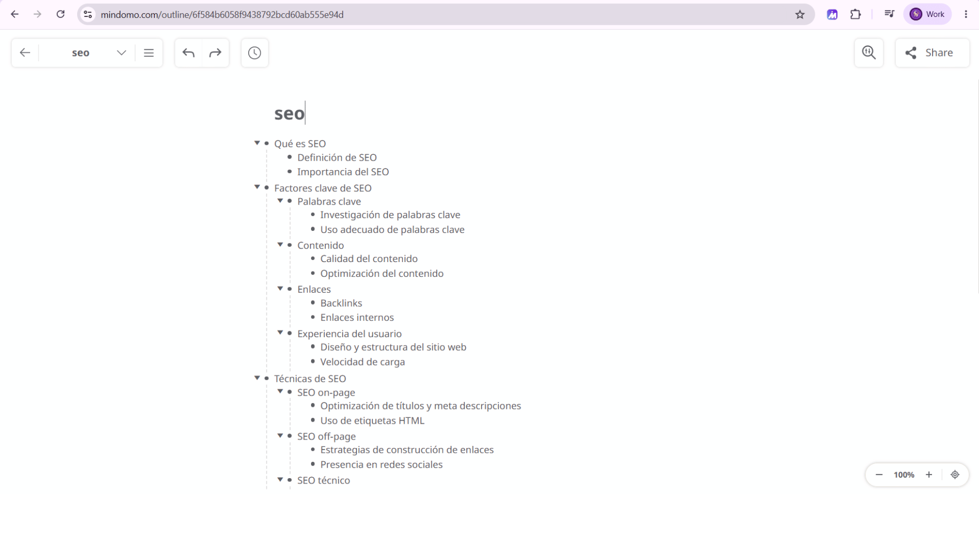 Mindomo showing a mind map switched into its outline view