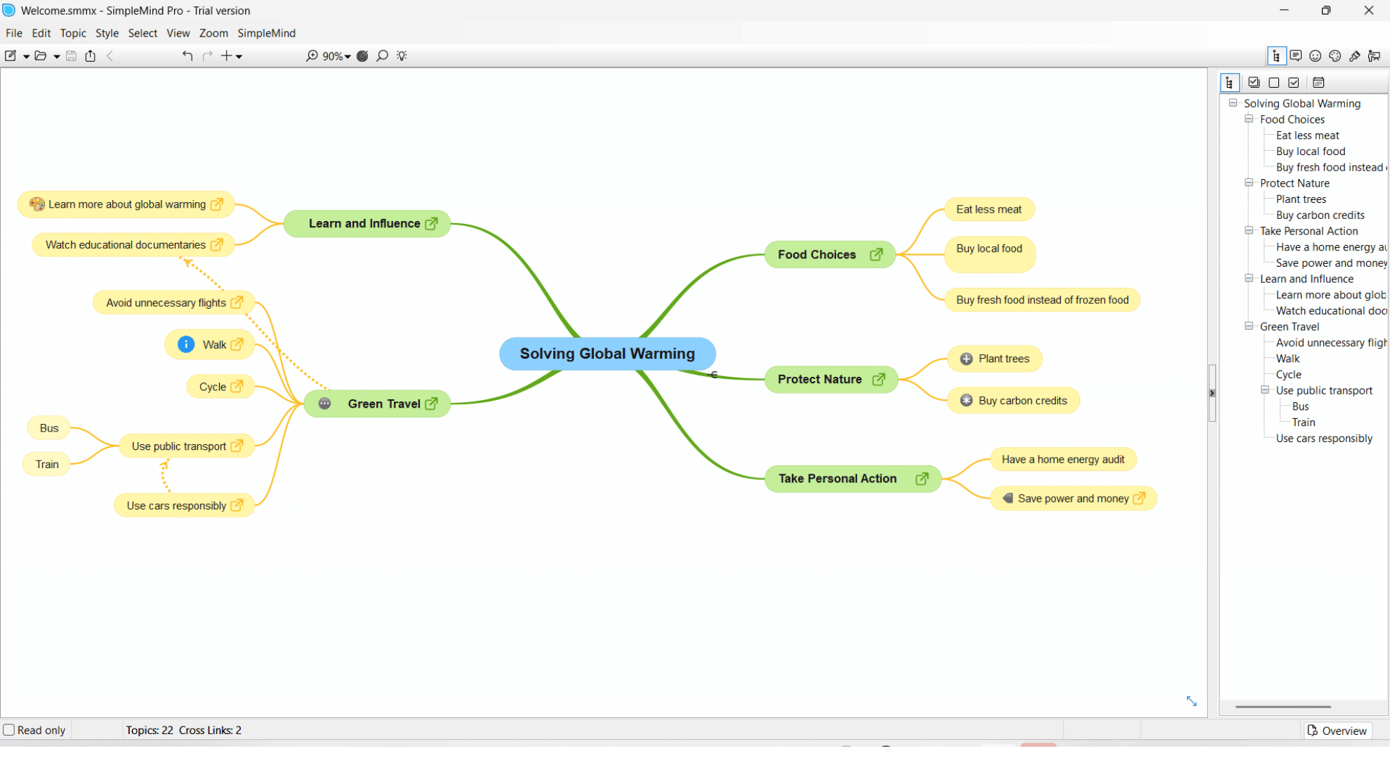SimpleMind outline panel with its hierarchical, checklist and to-do filter buttons