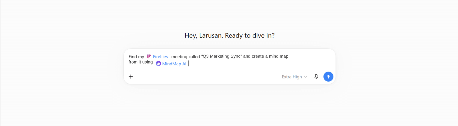 ChatGPT prompt asking to find a Fireflies meeting called Q3 Marketing Sync and create a mind map with MindMap AI, with both apps shown as connected chips