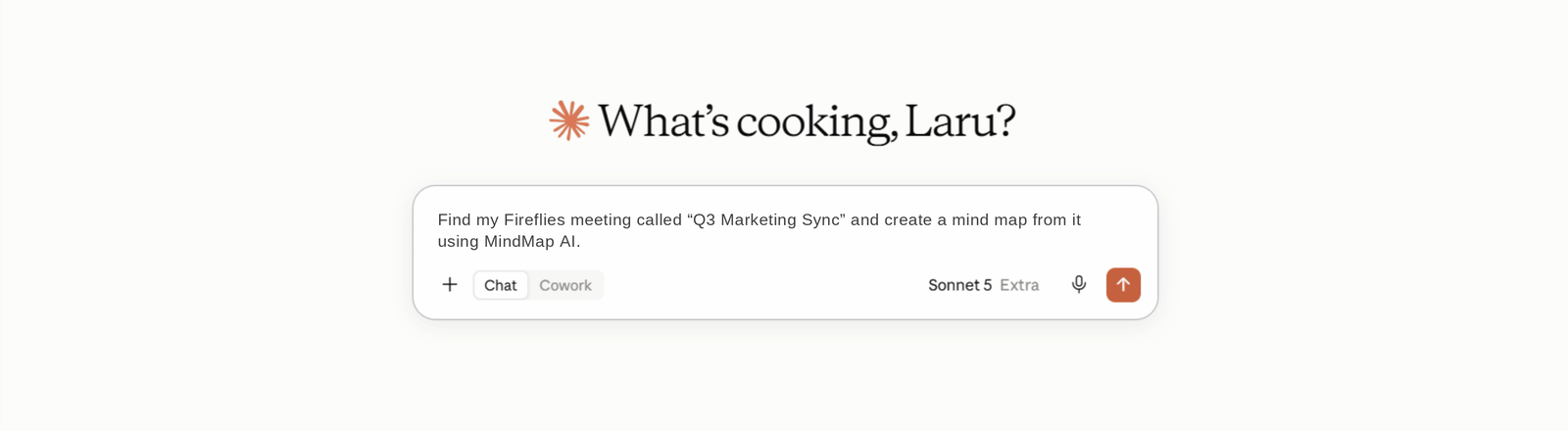 Claude prompt asking to find a Fireflies meeting called Q3 Marketing Sync and create a mind map using MindMap AI