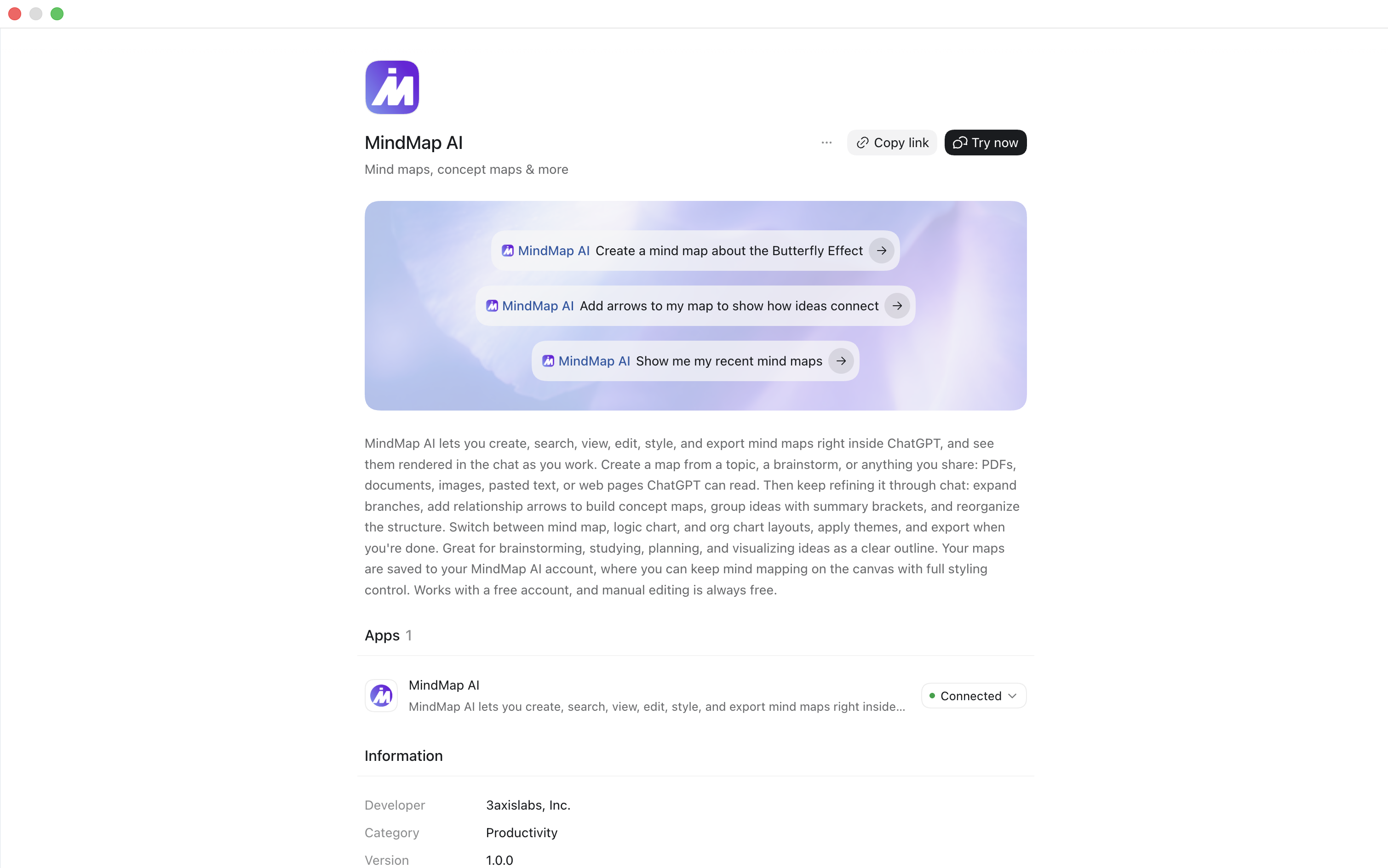 The MindMap AI plugin page in the ChatGPT desktop app showing the app as Connected