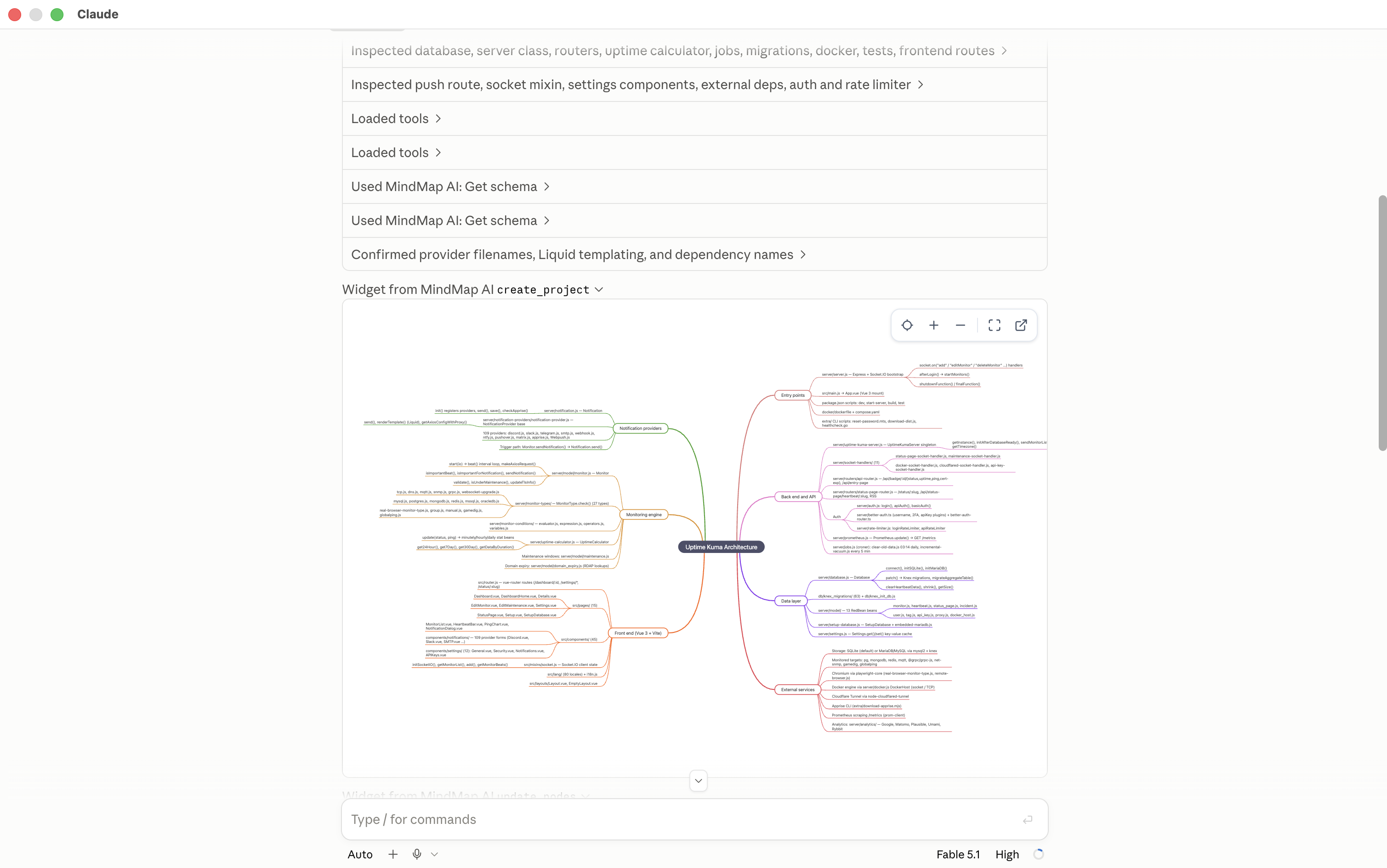 The Uptime Kuma Architecture mind map rendered inside the Claude Code session