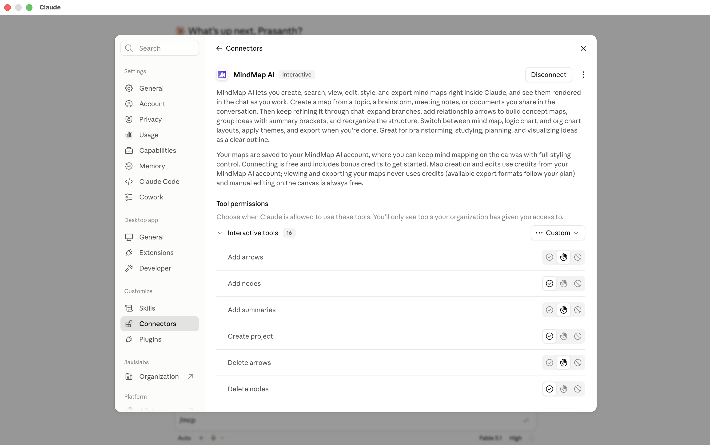 Claude connectors settings showing MindMap AI connected, with its tool permissions listed