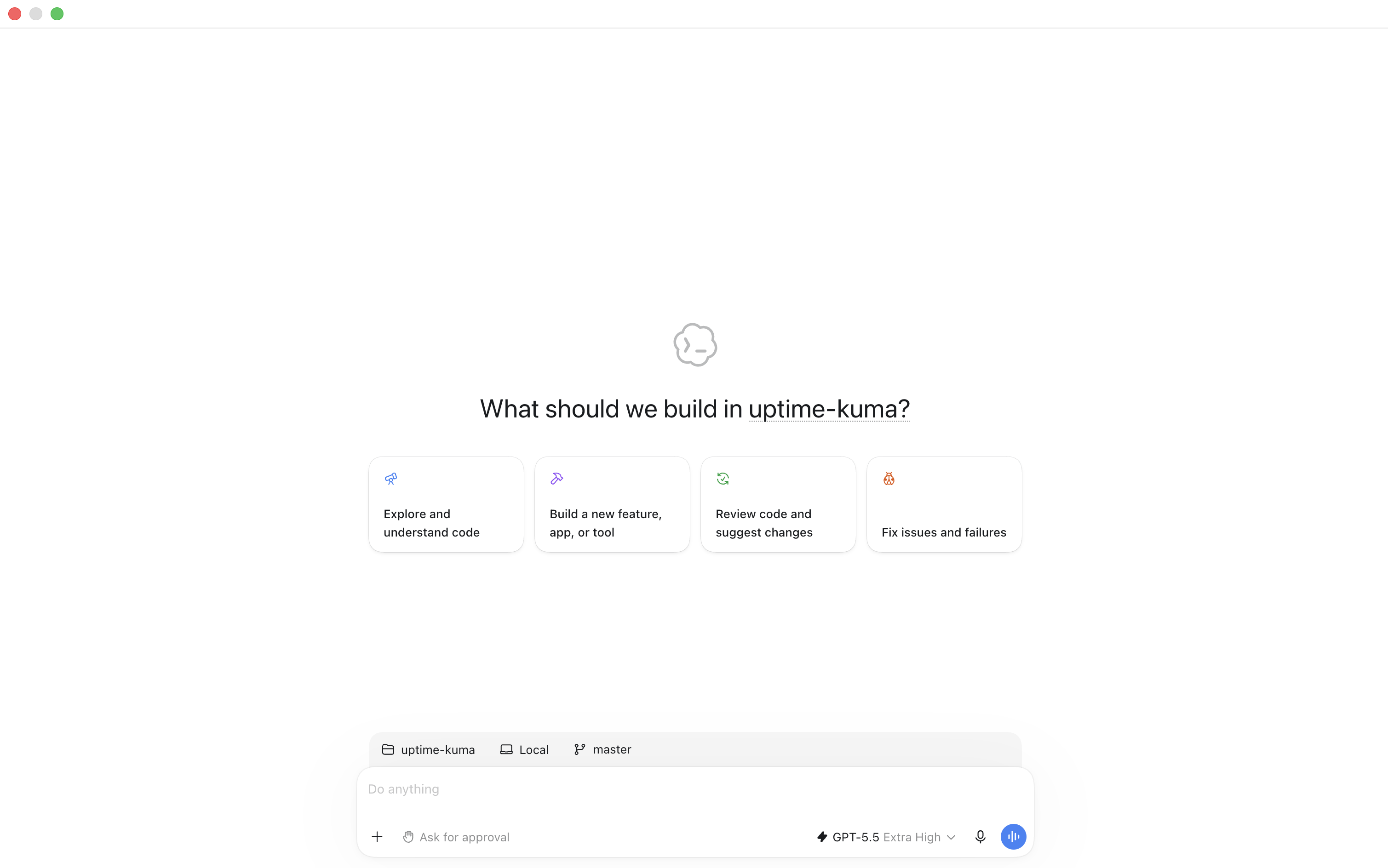 A new Codex task in the ChatGPT desktop app with the uptime-kuma folder, Local environment, and master branch selected